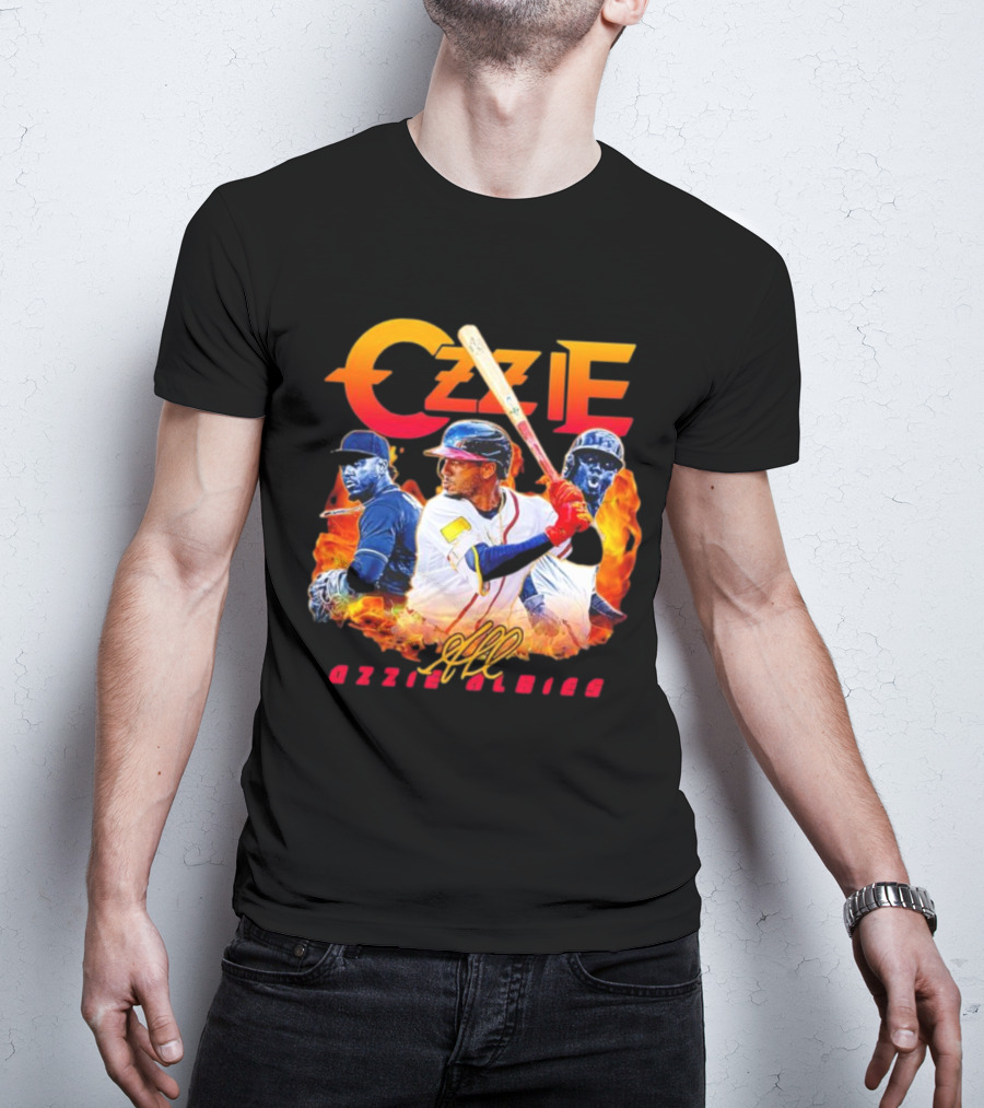 Ozzie Albies MLB Flame Graphic With Signature T-Shirt