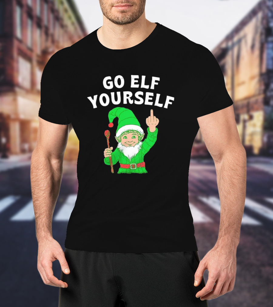 GO ELF YOURSELF Middle Finger Green Elf With Candy Cane T-Shirt
