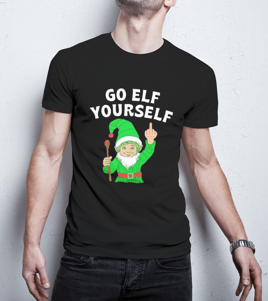 GO ELF YOURSELF Middle Finger Green Elf With Candy Cane T-Shirt