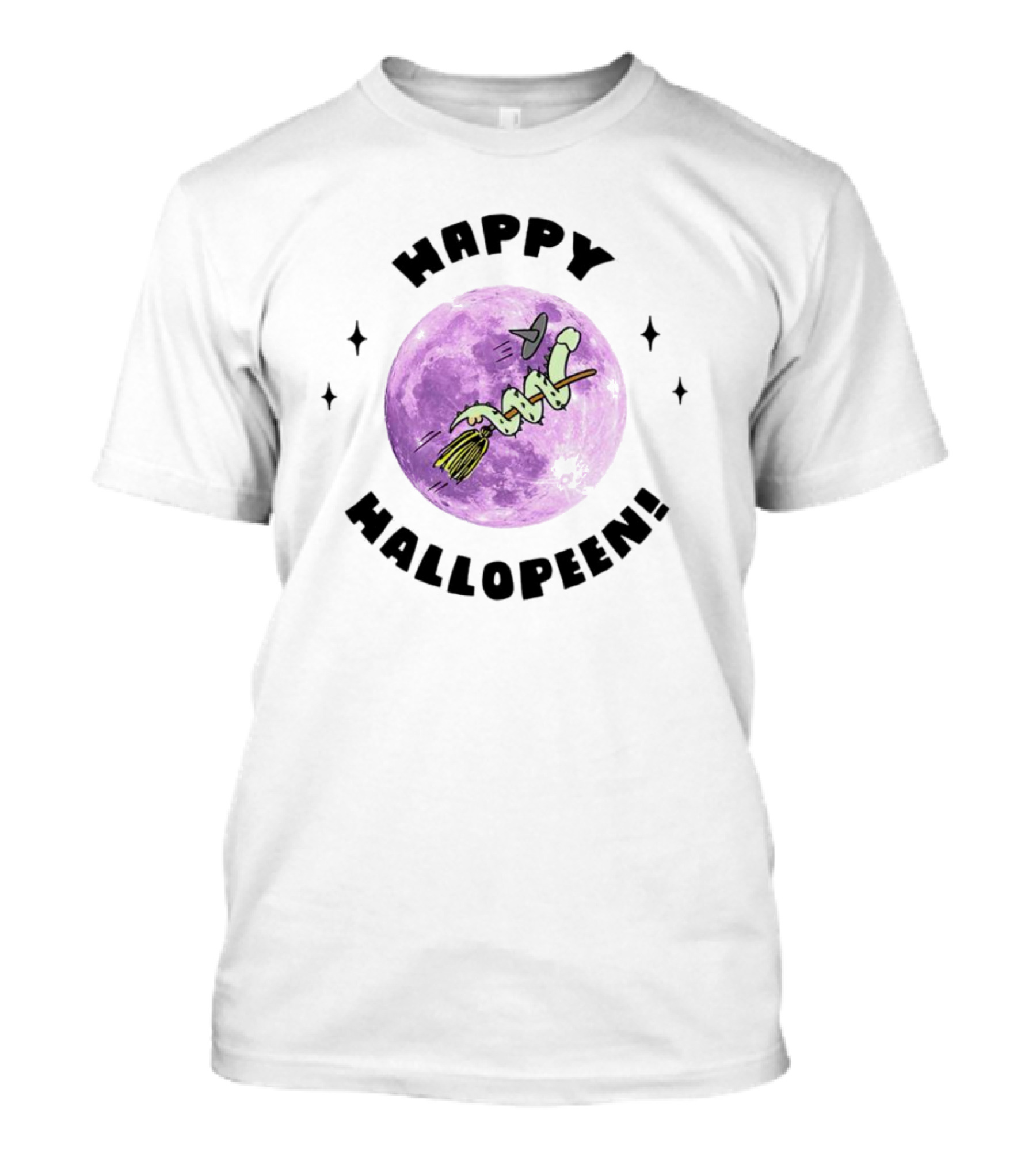 Happy Hallopeen Snake On Broomstick With Purple Moon Halloween T-Shirt