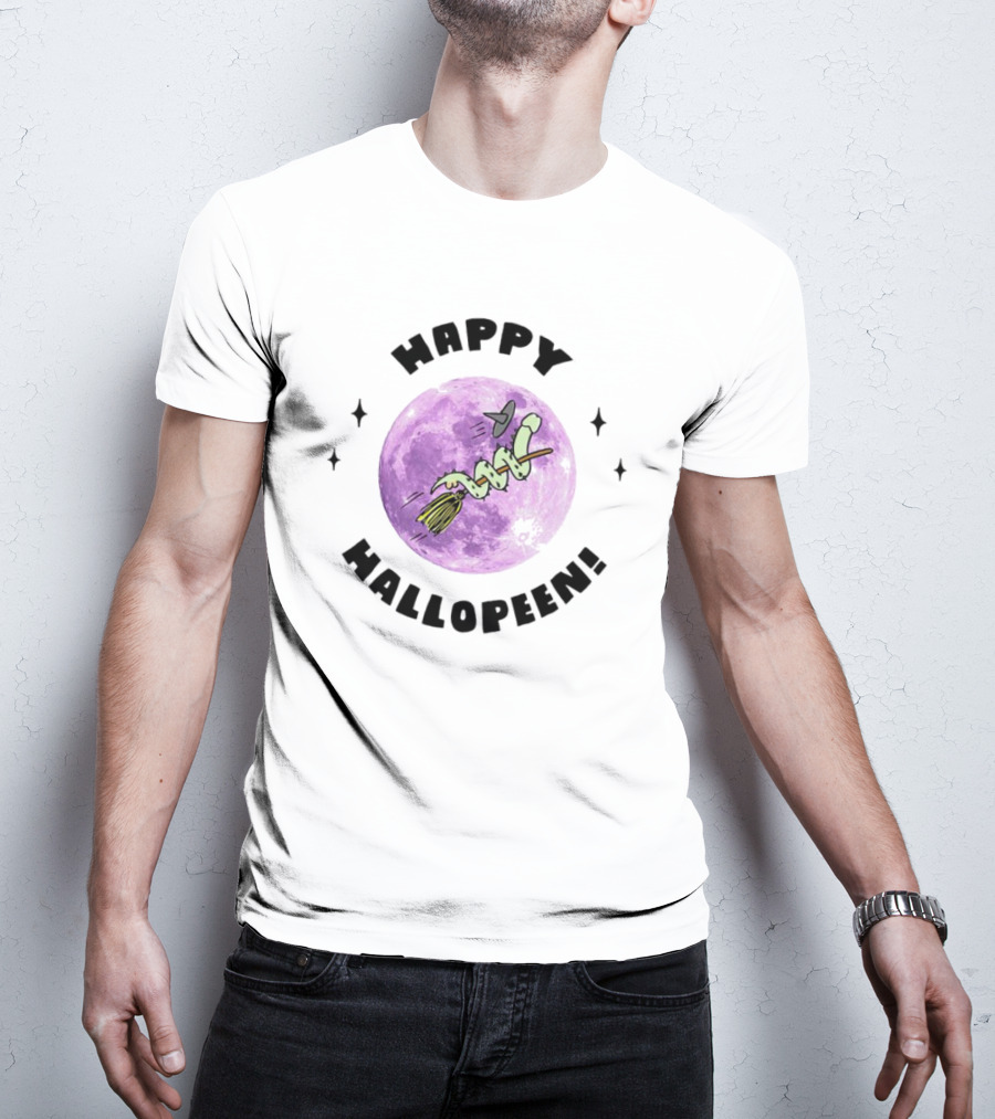 Happy Hallopeen Snake On Broomstick With Purple Moon Halloween T-Shirt