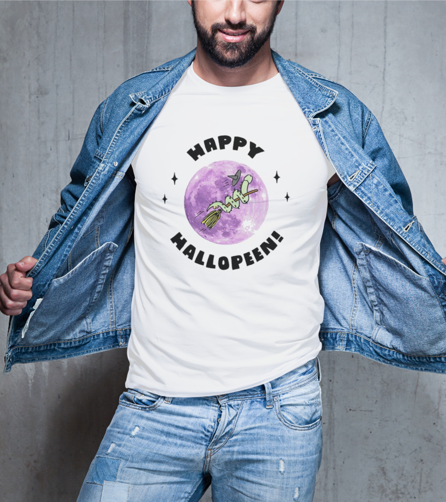 Happy Hallopeen Snake On Broomstick With Purple Moon Halloween T-Shirt
