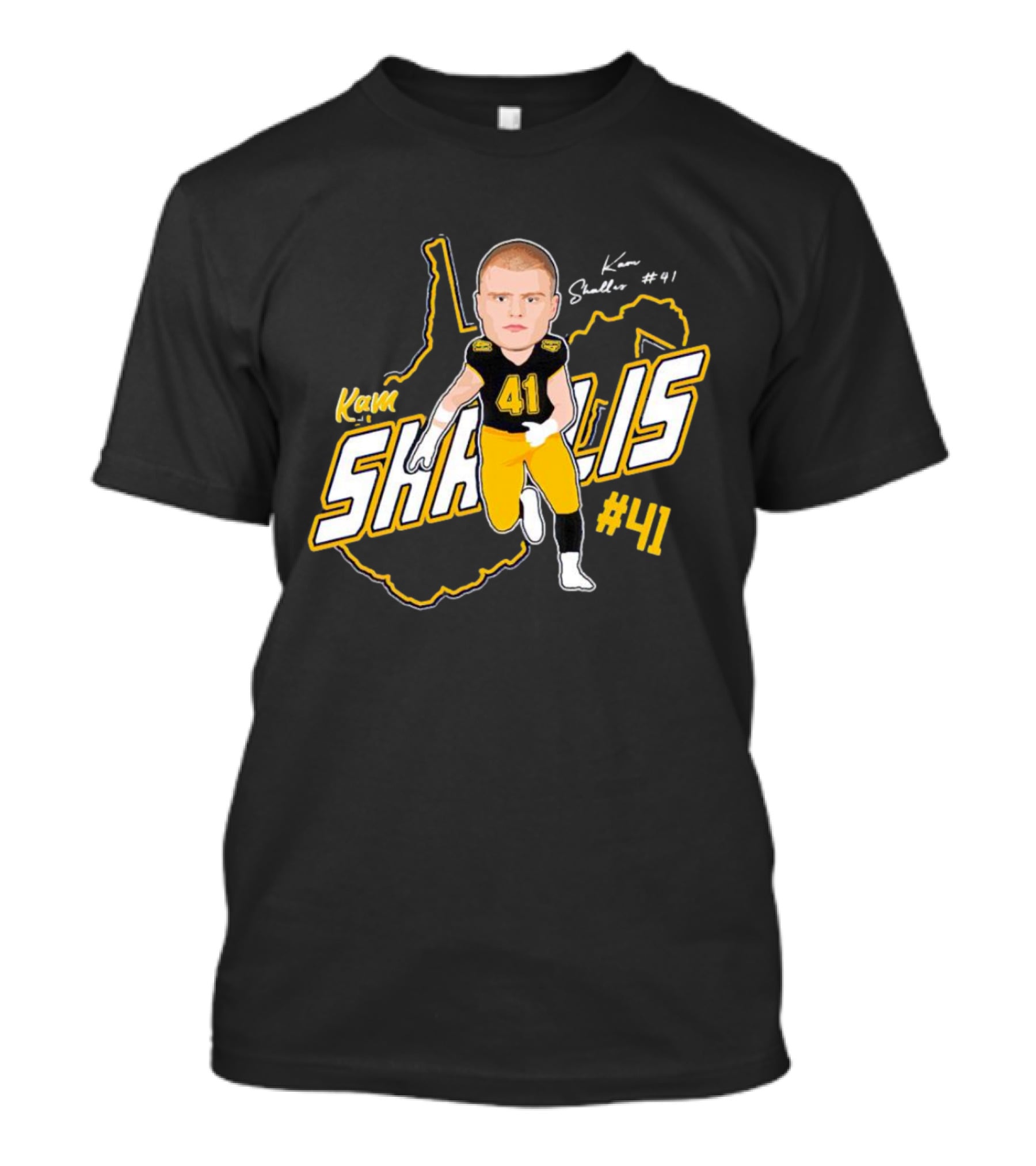 Kam Shallis #41 Caricature With West Virginia Map Background T-Shirt