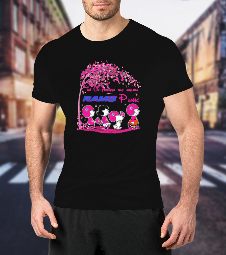 In October We Wear Rams Pink Peanuts Characters Los Angeles Breast Cancer T-Shirt