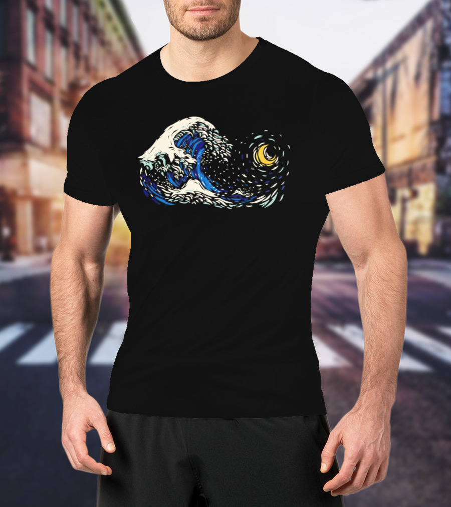 Starry Night Meets Great Wave Fusion T-Shirt