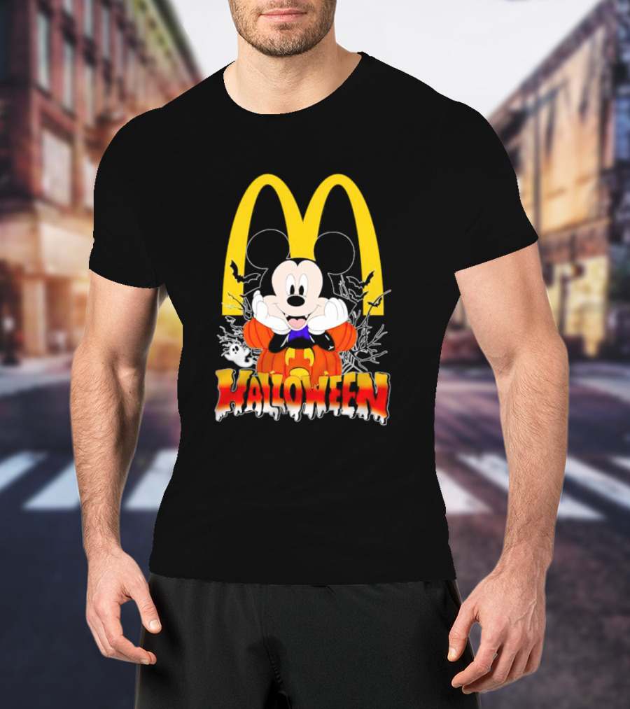 Mickey Mouse Halloween Pumpkin McDonald's Logo With Bats T-Shirt