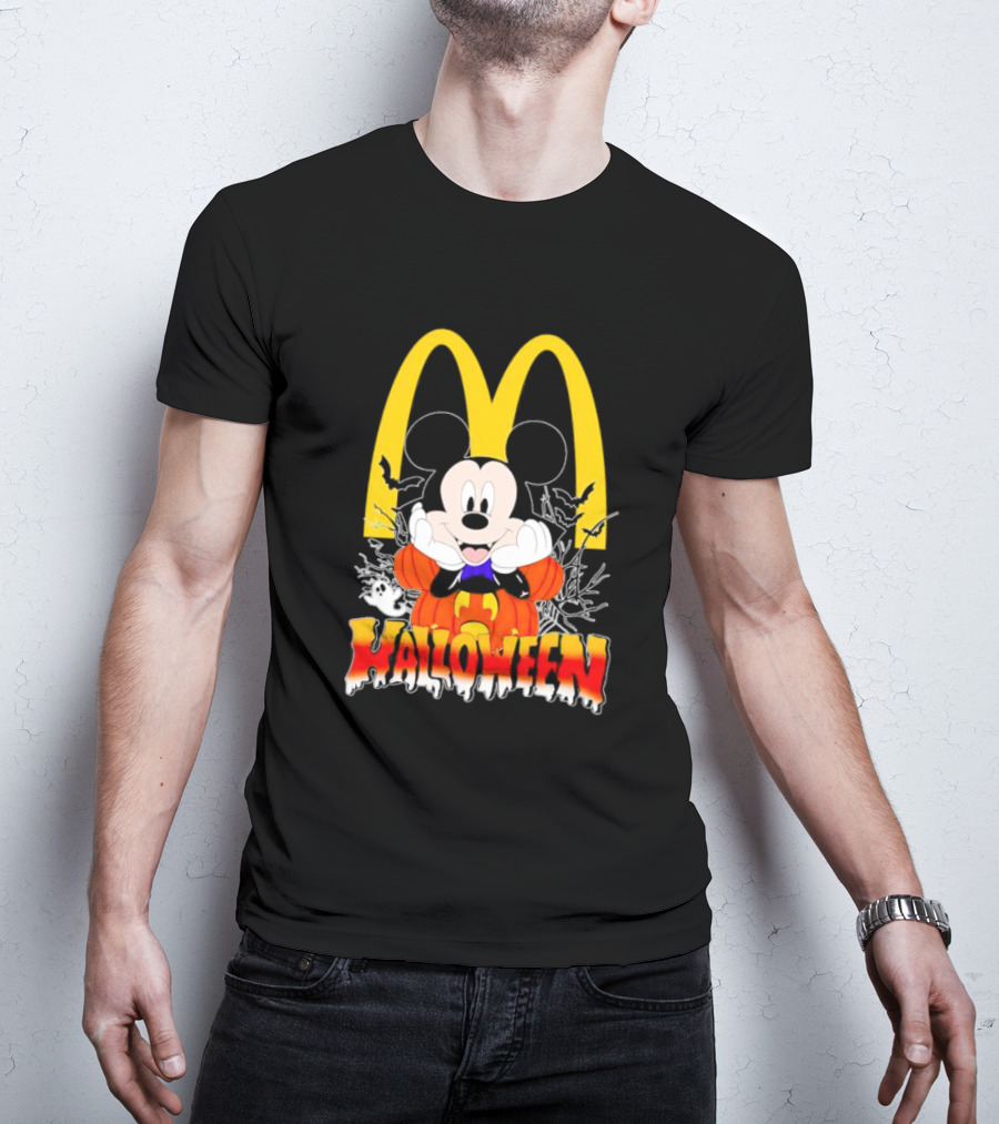 Mickey Mouse Halloween Pumpkin McDonald's Logo With Bats T-Shirt