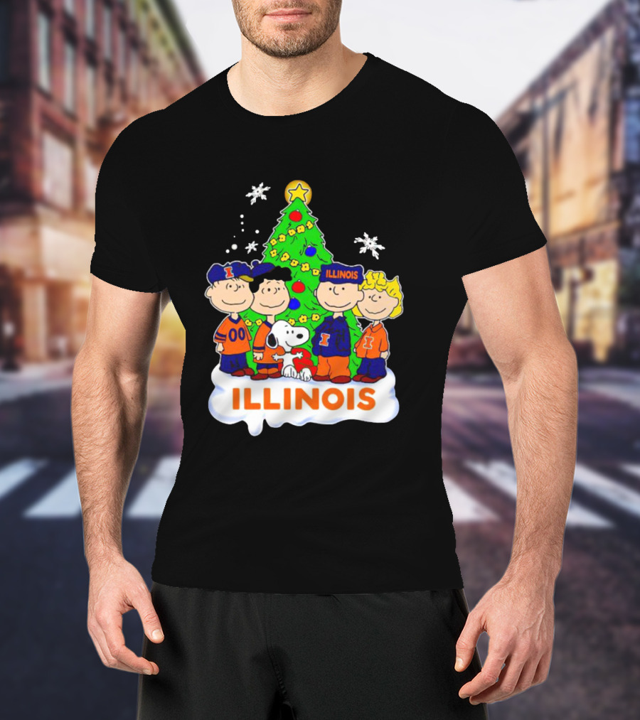 Peanuts Characters Illinois Christmas Tree With Snoopy And Festive Decorations T-Shirt