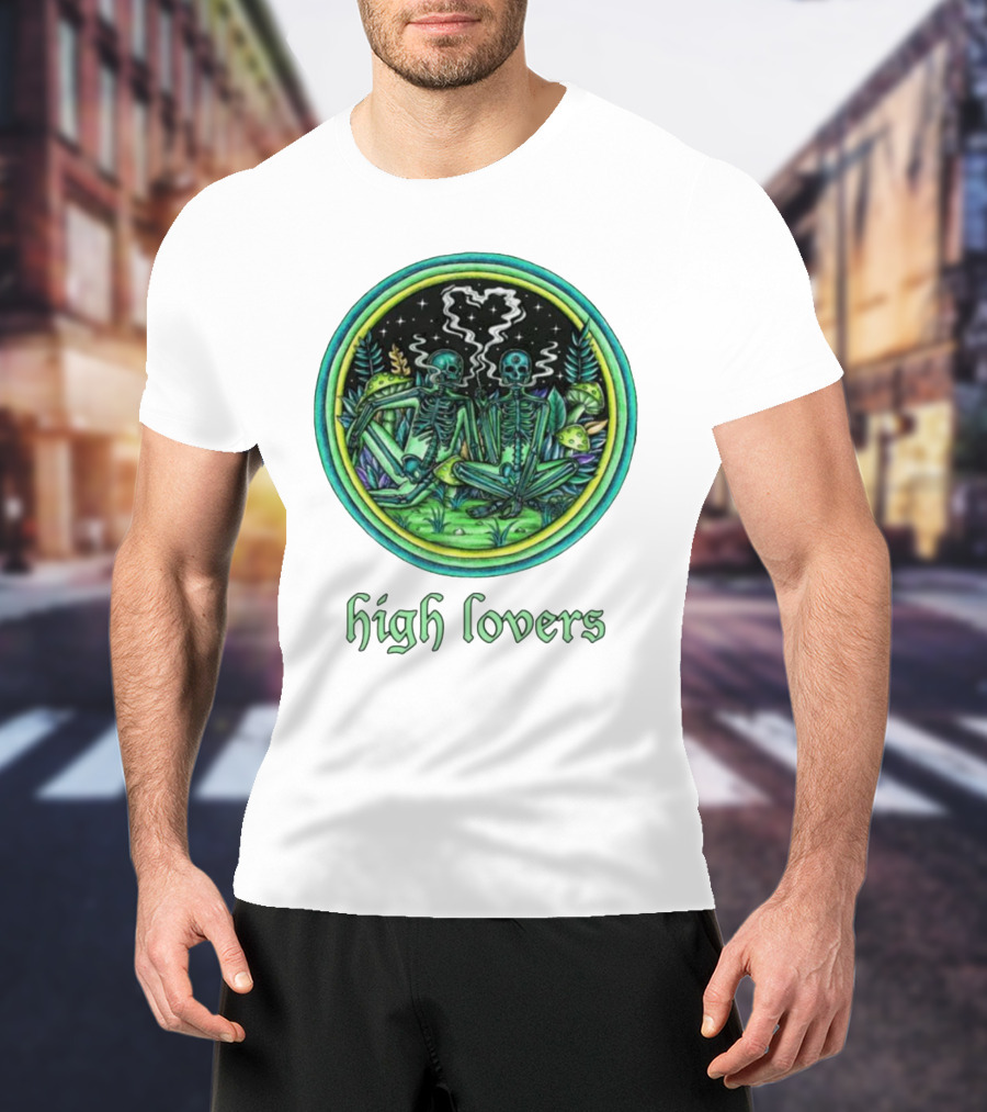 High Lovers Skeletons In Psychedelic Forest Scene T-Shirt