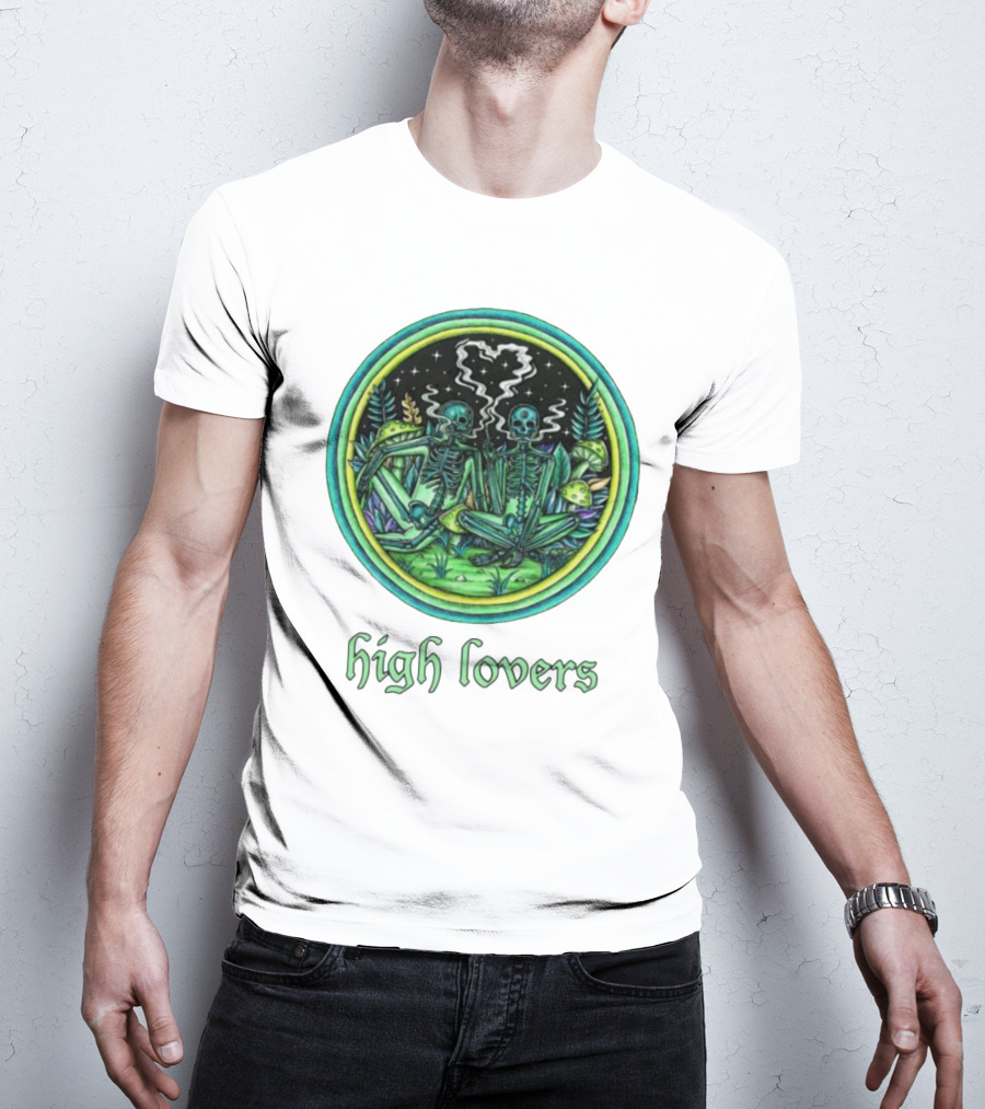 High Lovers Skeletons In Psychedelic Forest Scene T-Shirt