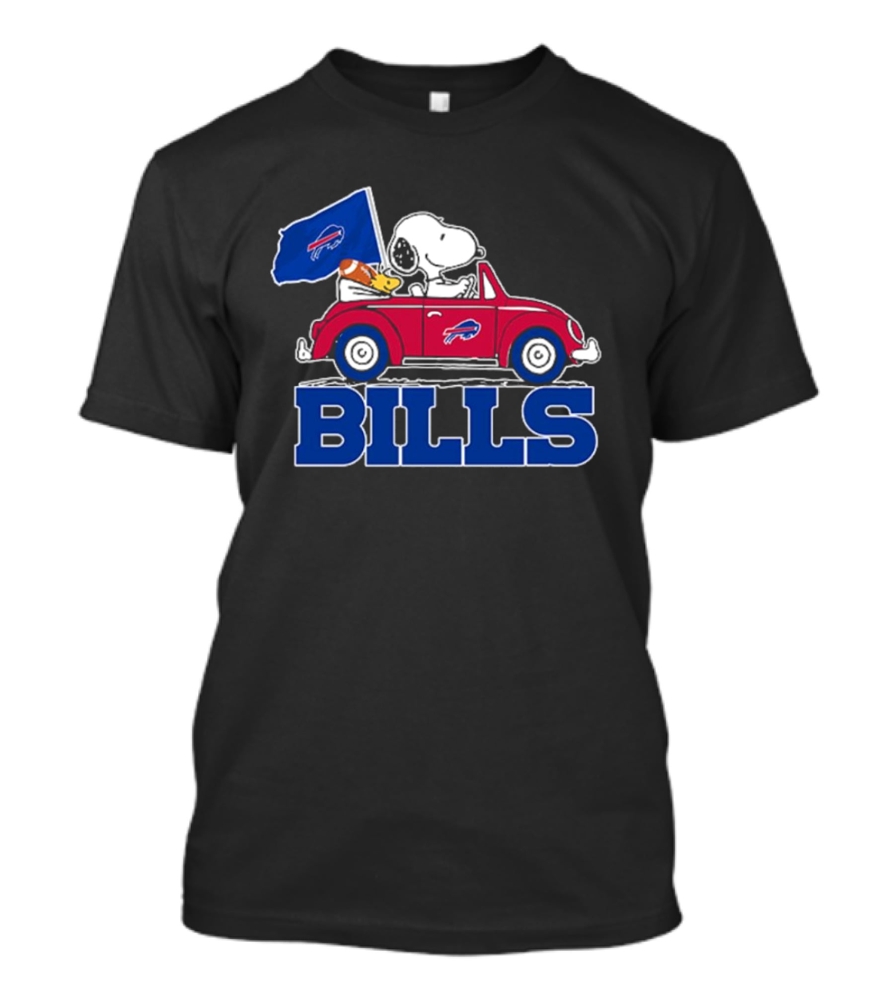 Snoopy Woodstock Driving Red Car Buffalo Bills Flag T-Shirt