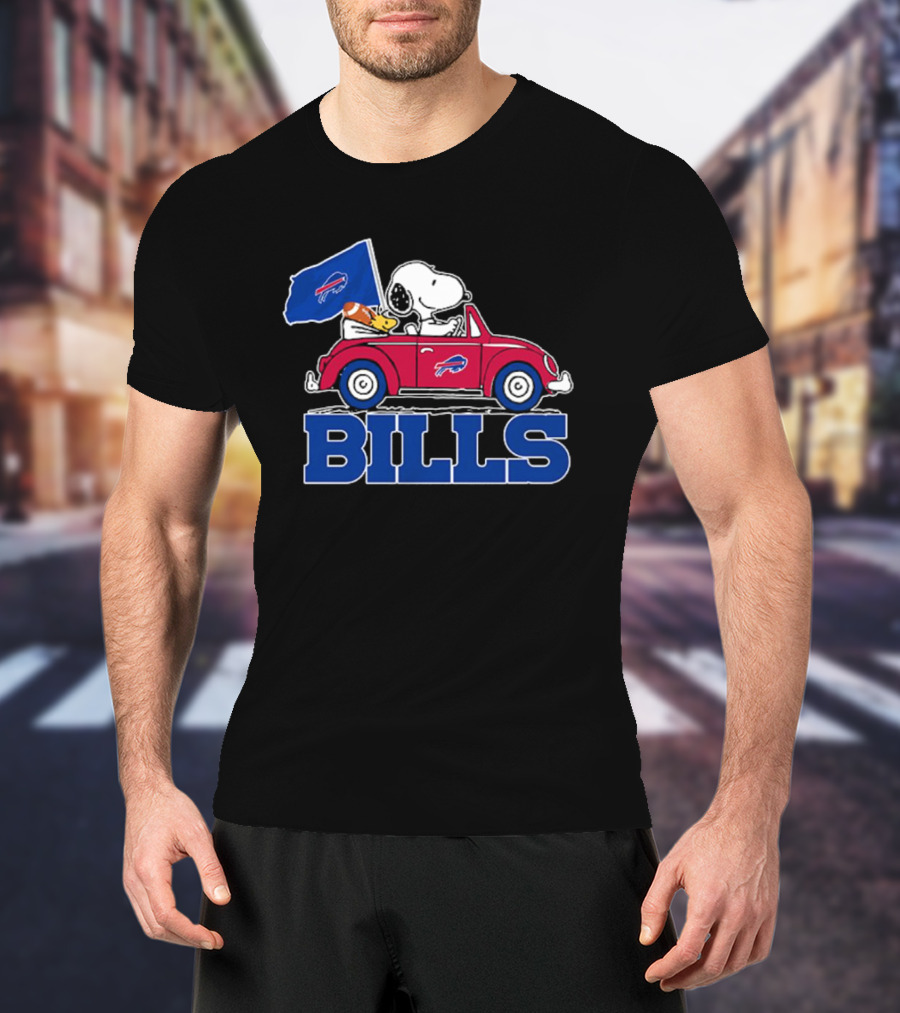 Snoopy Woodstock Driving Red Car Buffalo Bills Flag T-Shirt