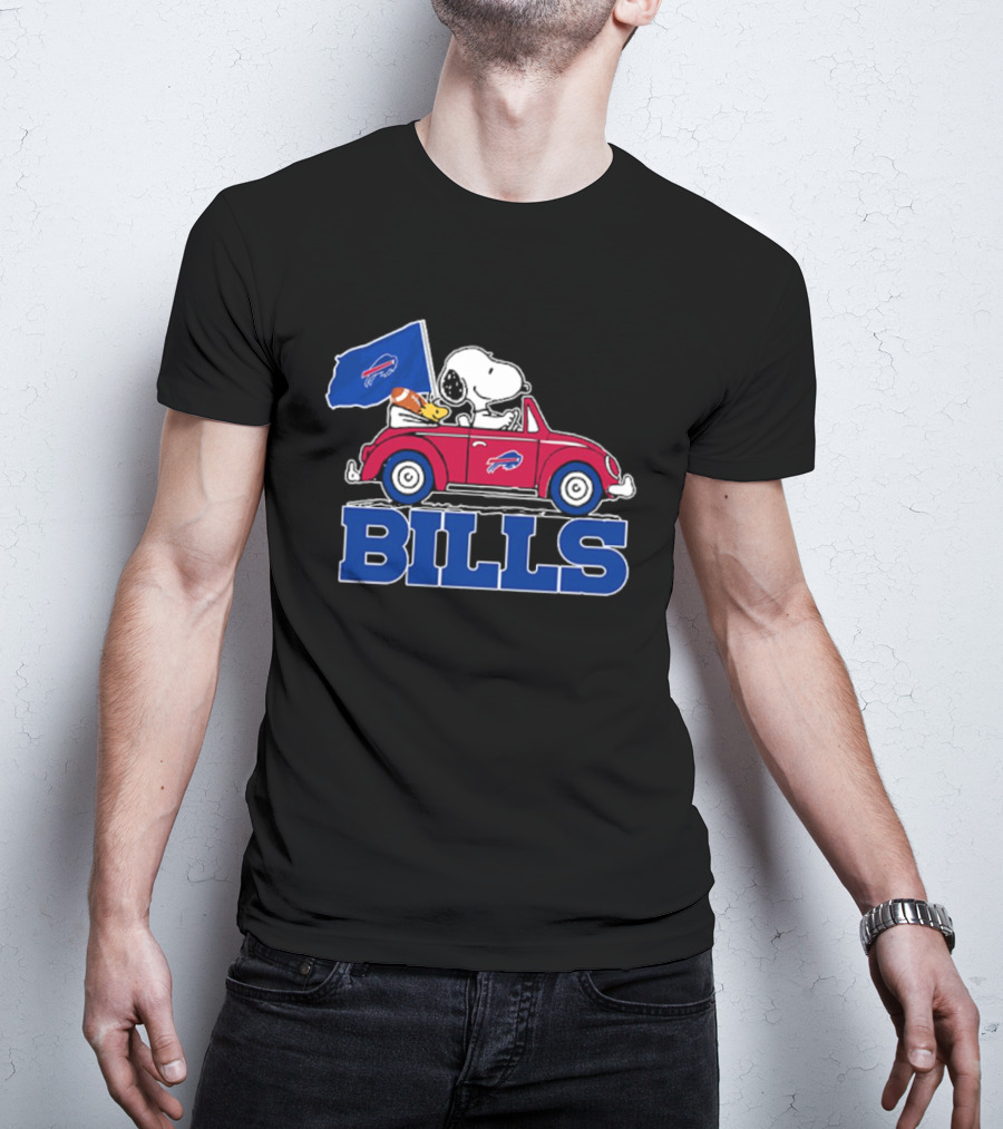 Snoopy Woodstock Driving Red Car Buffalo Bills Flag T-Shirt