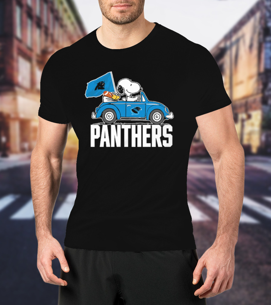 Snoopy And Woodstock Driving Car Panthers Flag T-Shirt