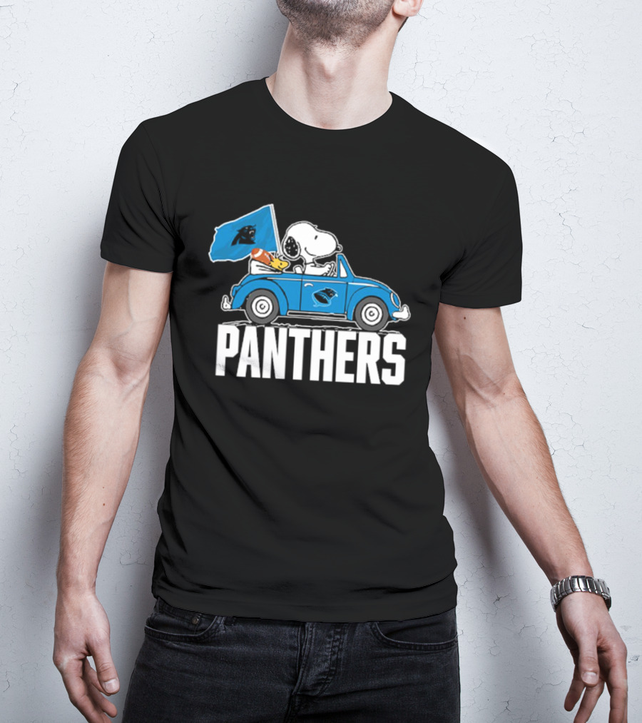Snoopy And Woodstock Driving Car Panthers Flag T-Shirt