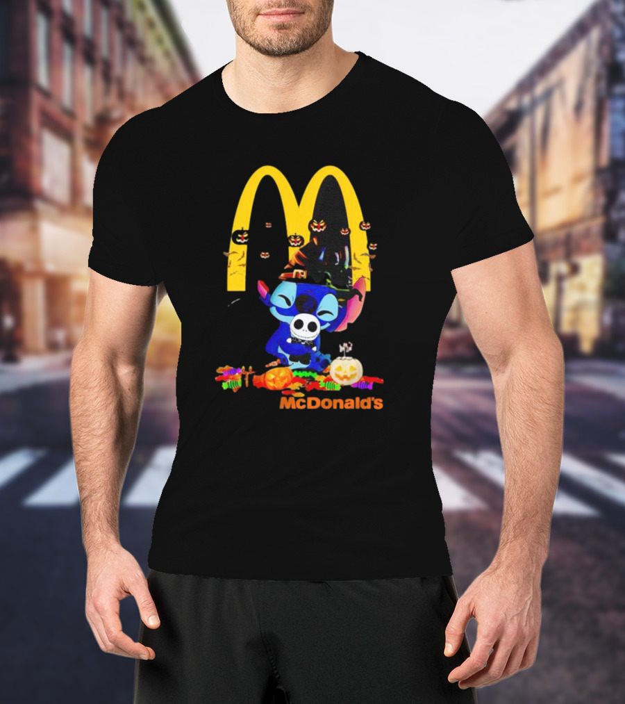 Stitch Hugging Jack Skellington With McDonald’s Halloween Pumpkins And Candy T-Shirt