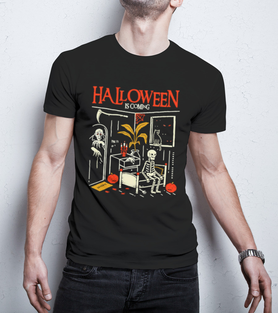 Halloween Is Coming Skeleton With Ghost And Pumpkins In Spooky Room T-Shirt