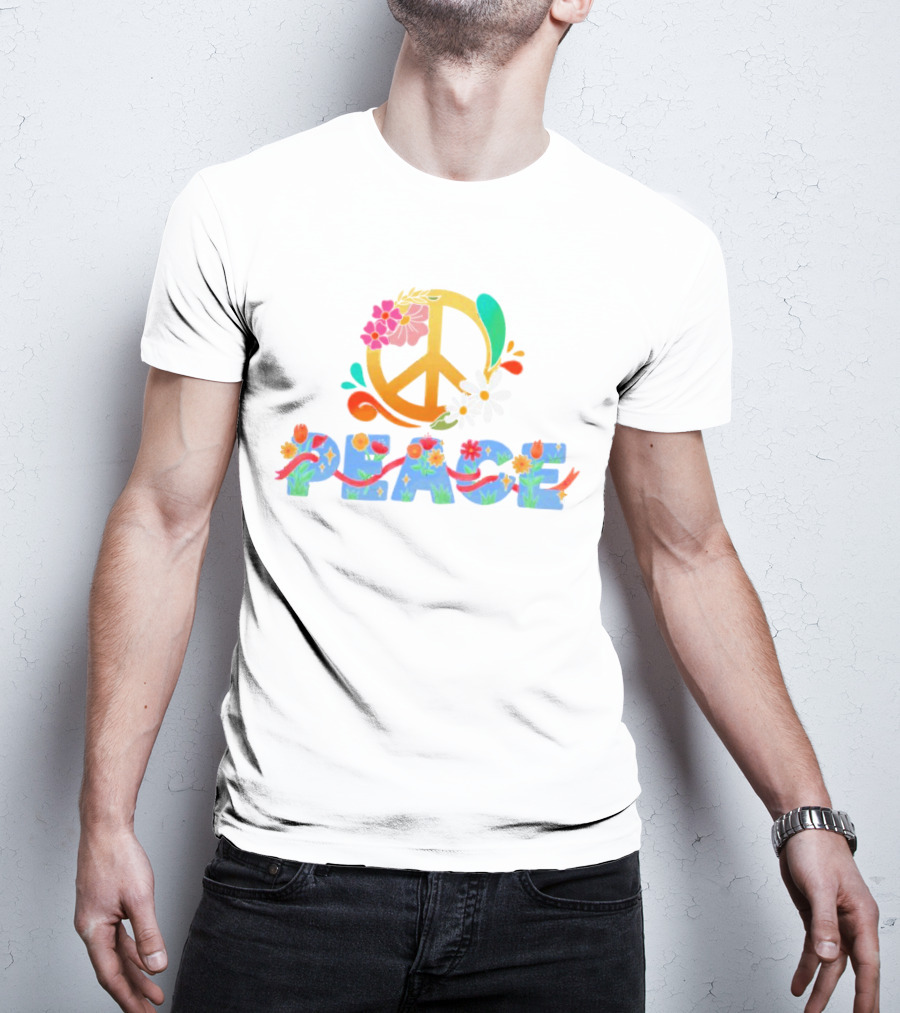 Peace Sign With Flower And Colorful Floral Lettering For International Day Of Peace T-Shirt