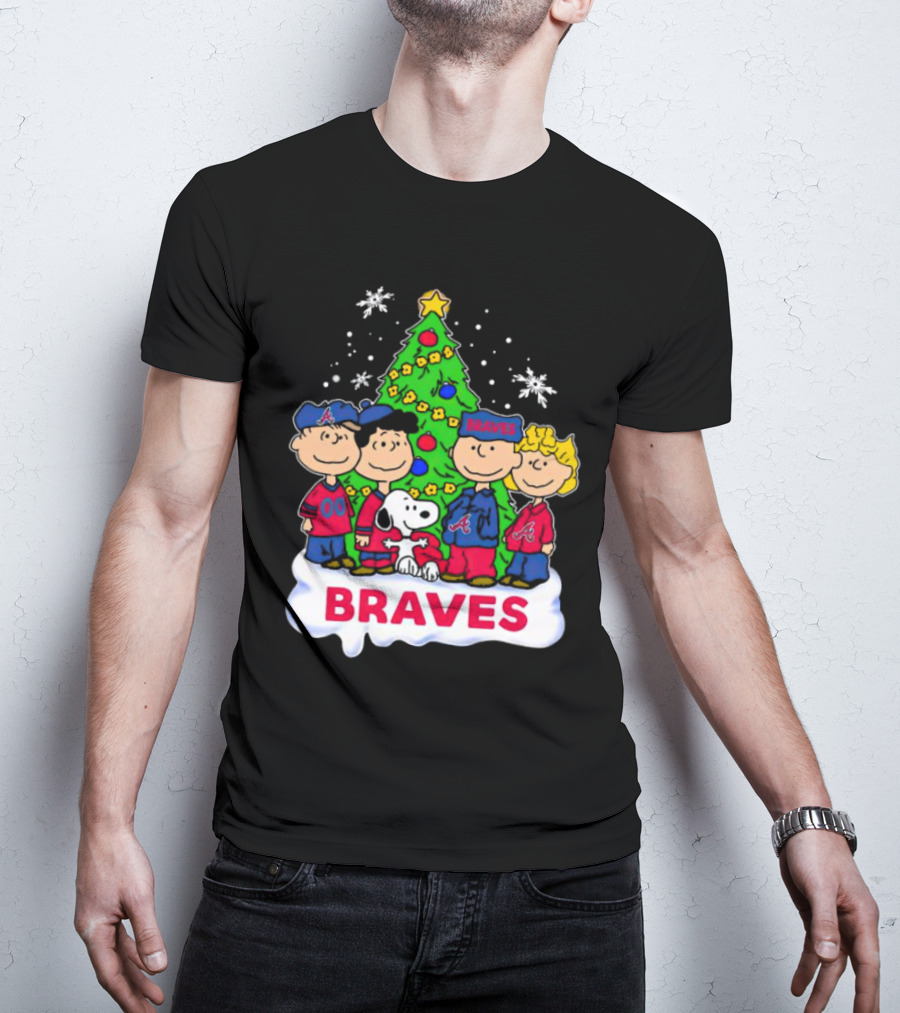Peanuts Characters Atlanta Braves Christmas Tree Snowflakes T-Shirt
