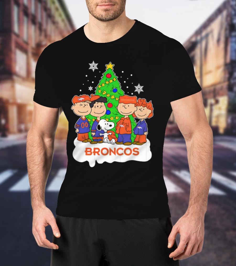 Peanuts Characters Denver Broncos Christmas Tree Scene T-Shirt