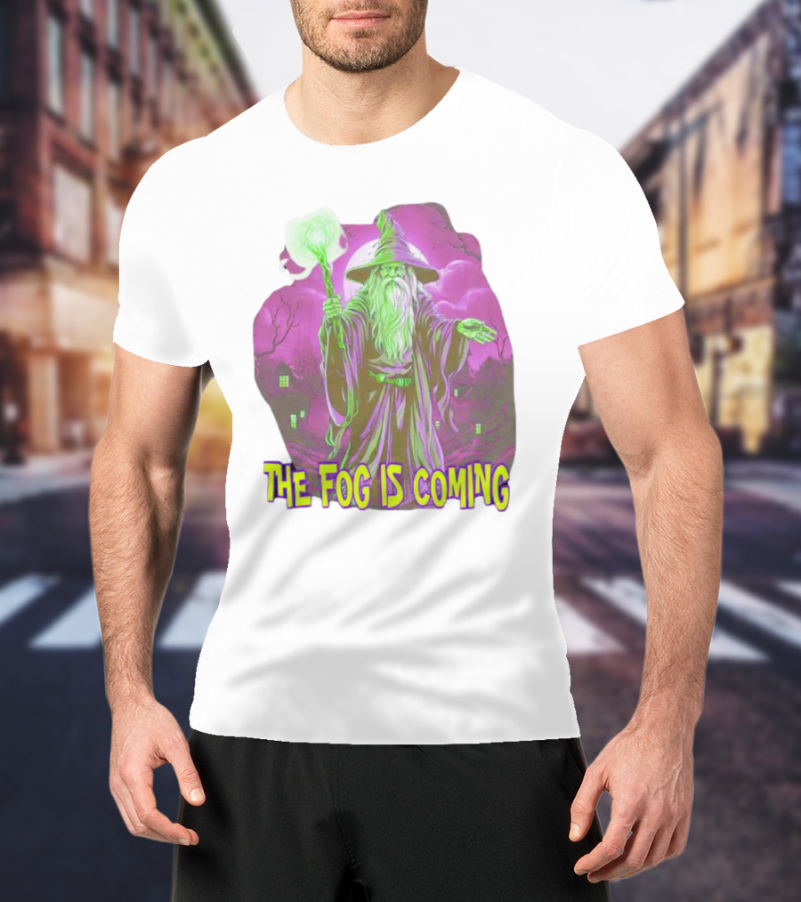 The Fog Is Coming Wizard With Green Staff And Purple Background T-Shirt