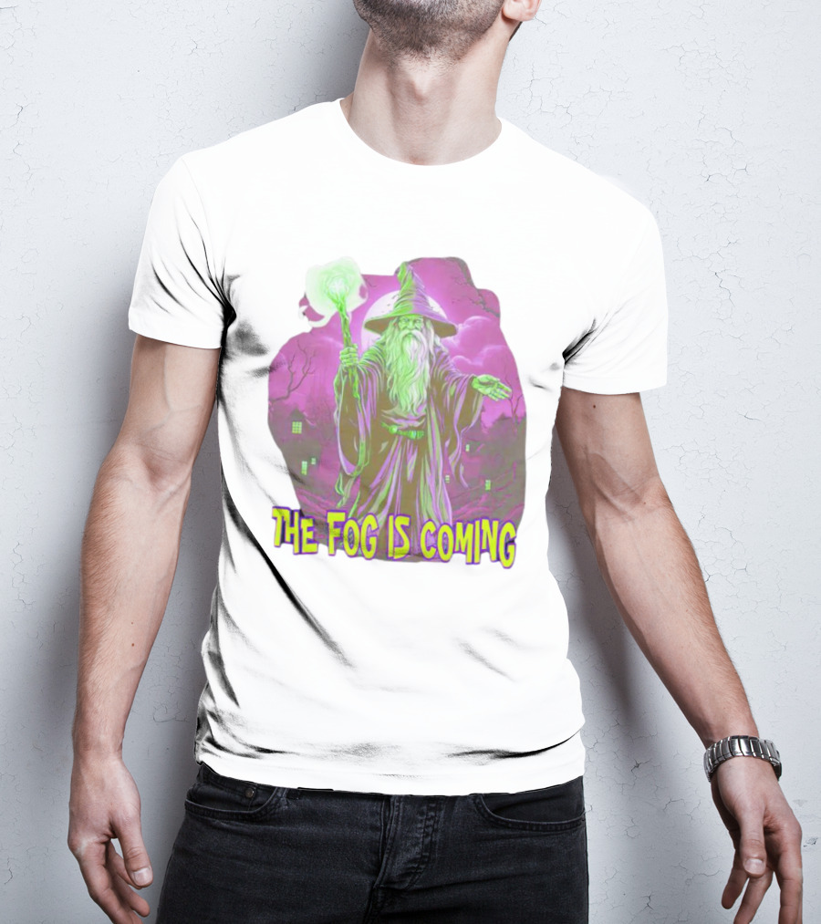 The Fog Is Coming Wizard With Green Staff And Purple Background T-Shirt