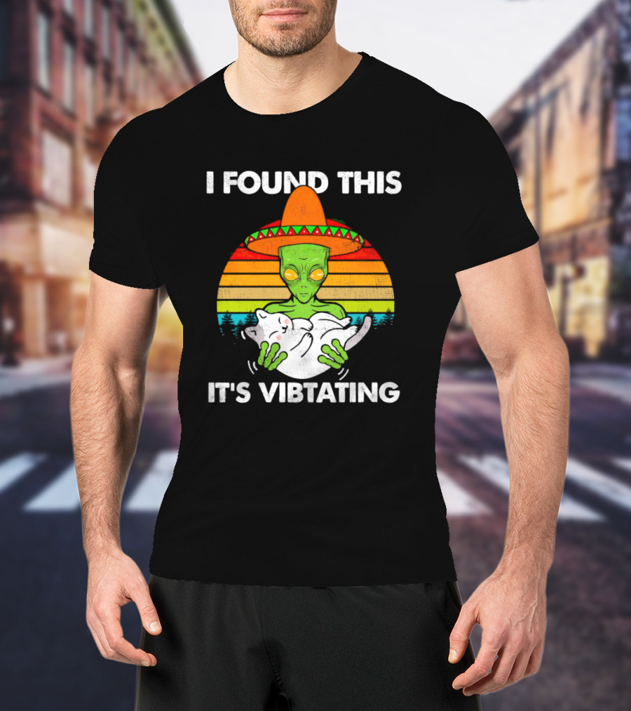 I Found This It's Vibrating Alien Cat Vintage Retro Sunset Sombrero T-Shirt