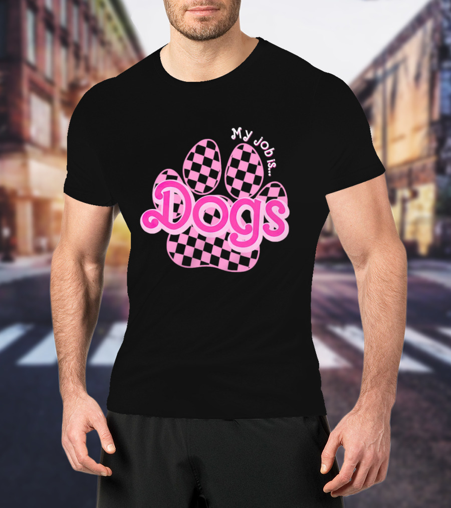 Barbie My Job Is Dogs Pink Checkered Paw Prints T-Shirt