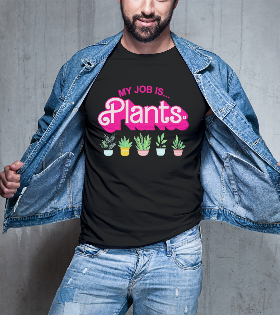 Barbie Plants My Job Is Plants Pink Logo With Potted Greenery T-Shirt