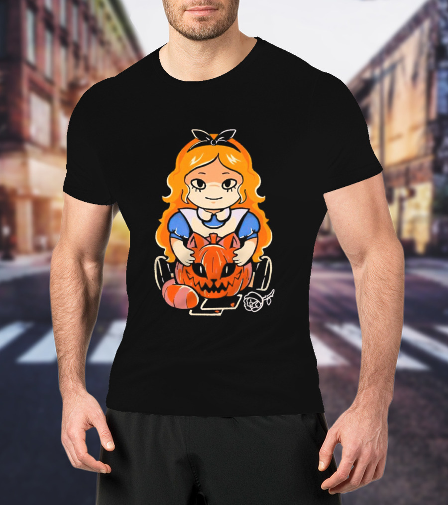 Chibi Alice Wonderland Halloween With Pumpkin And Rose T-Shirt