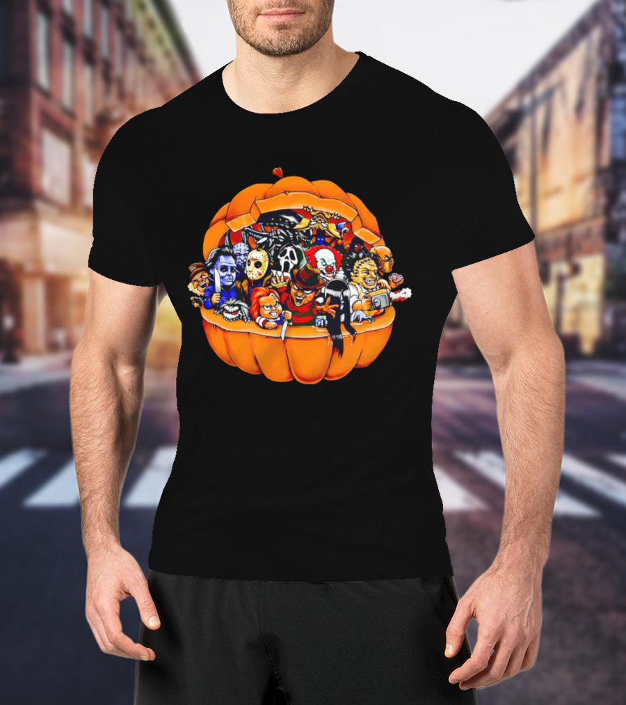 Horror Movie Characters Inside Pumpkin Halloween Icons T-Shirt