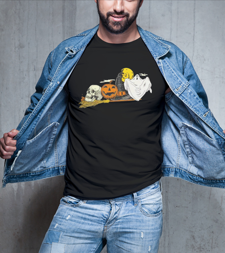 SpooKY Halloween Vintage Skull Pumpkin Ghost Witch Hat Moon Scene T-Shirt