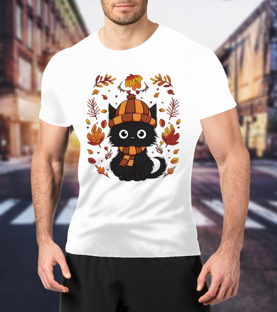 Black Cat Autumn Leaves Cozy Fall T-Shirt
