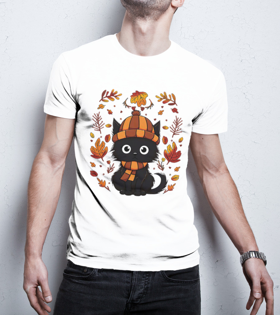 Black Cat Autumn Leaves Cozy Fall T-Shirt