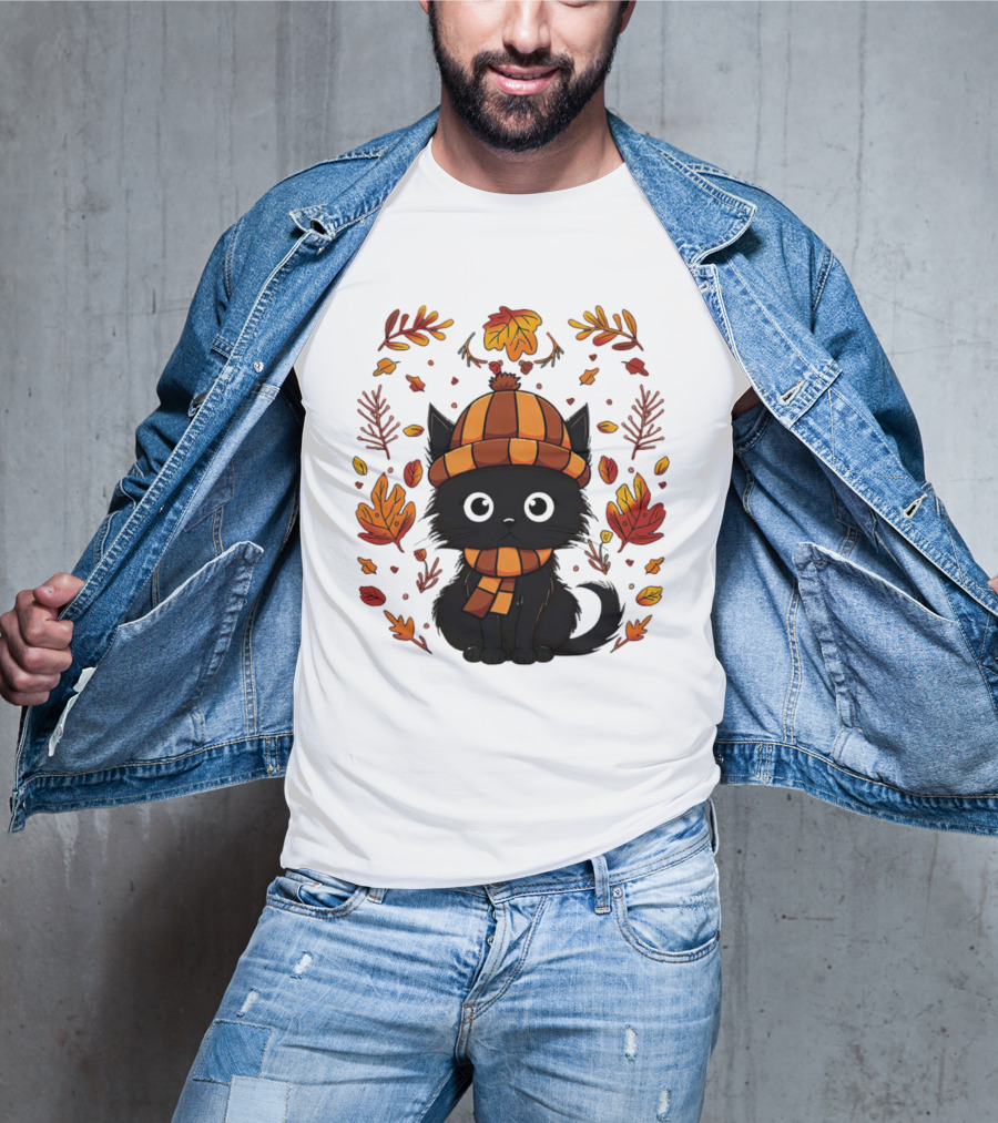 Black Cat Autumn Leaves Cozy Fall T-Shirt