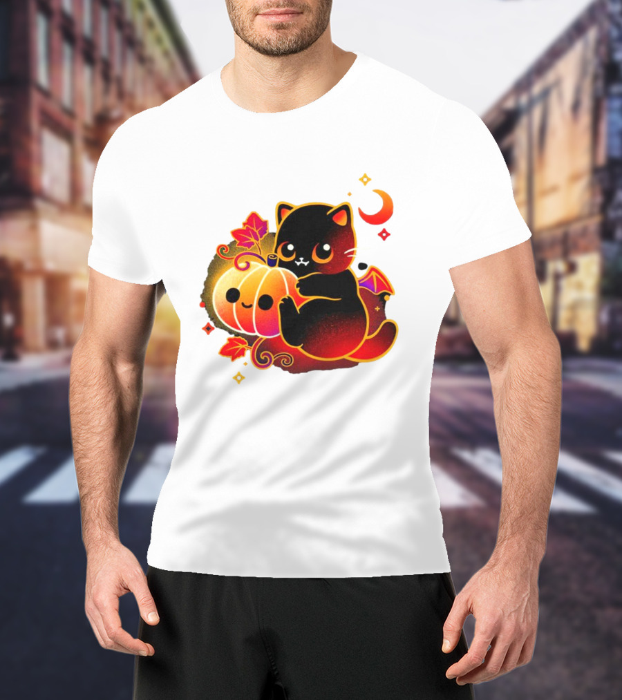 Cat Demon Halloween Moon Pumpkin Leaves Bat Wings T-Shirt