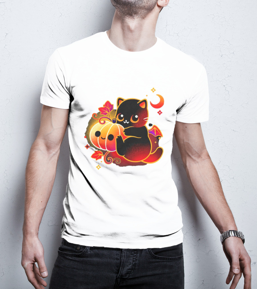 Cat Demon Halloween Moon Pumpkin Leaves Bat Wings T-Shirt