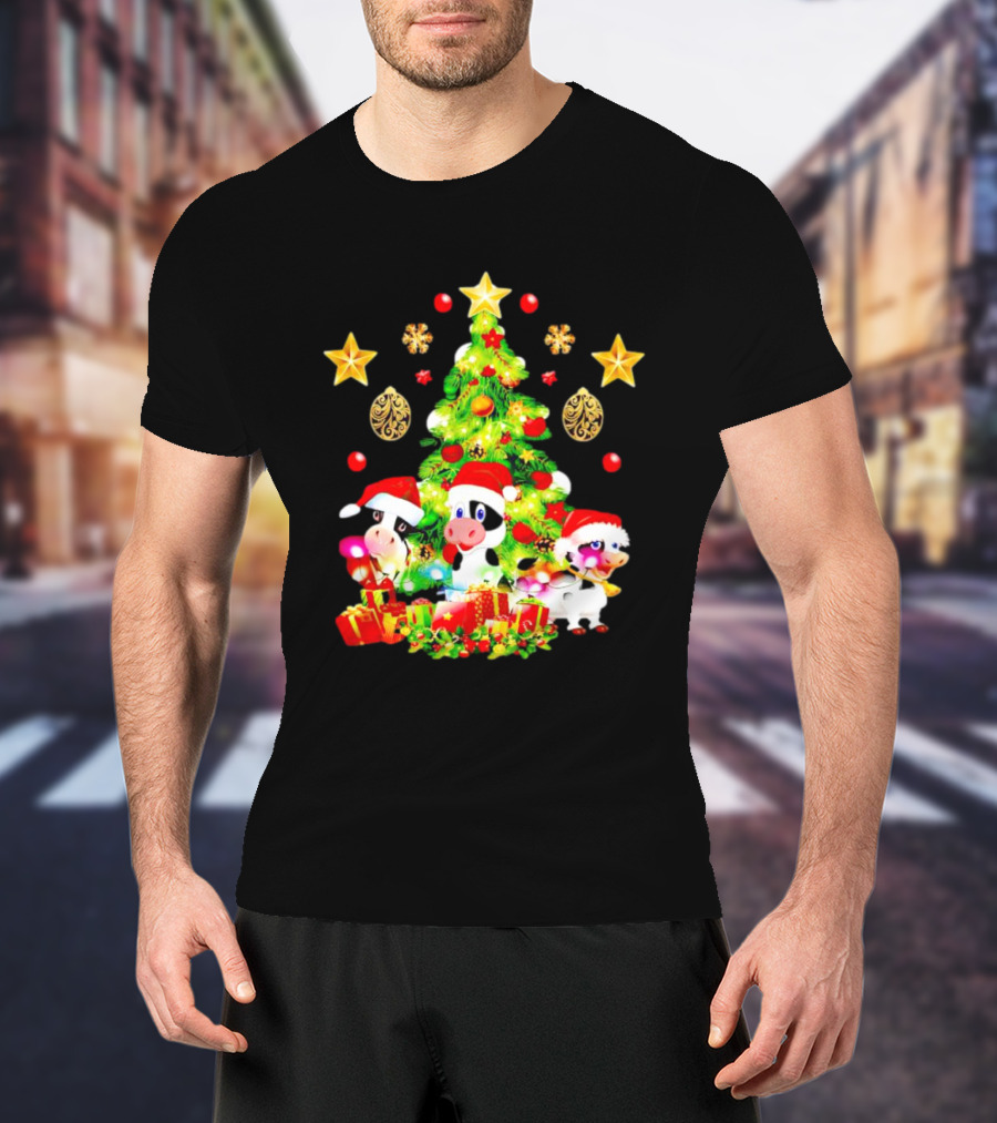 Dairy Cow With Christmas Tree Festive Santa Hats And Presents T-Shirt