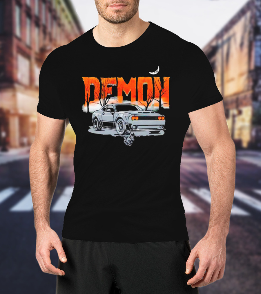 Demon Dodge Challenger SRT Halloween Moon Scene T-Shirt