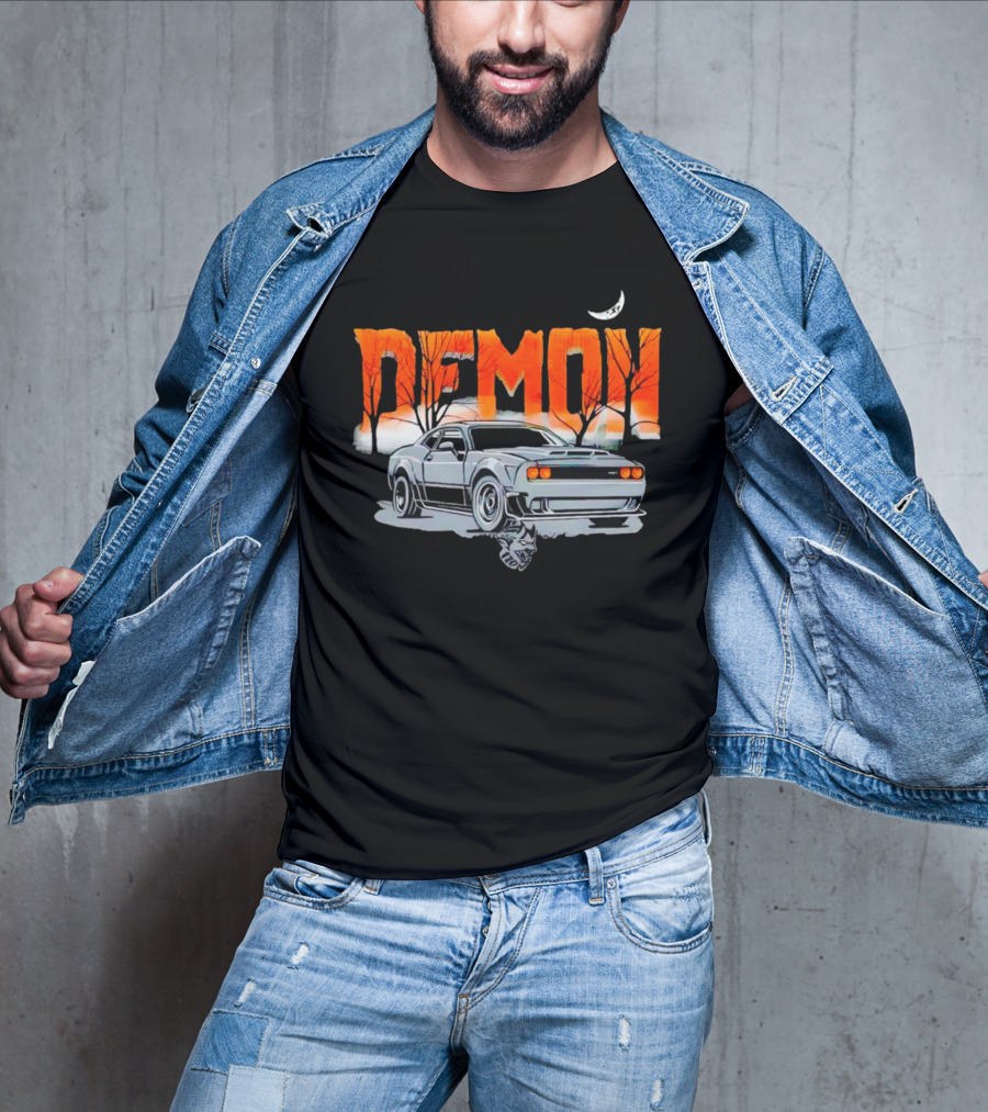 Demon Dodge Challenger SRT Halloween Moon Scene T-Shirt