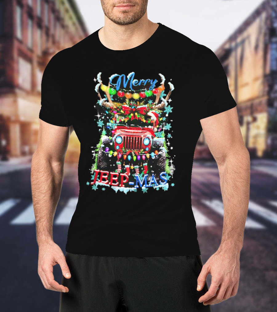 Merry Jeep Mas Reindeer Lights Snowflakes Christmas Decorations T-Shirt