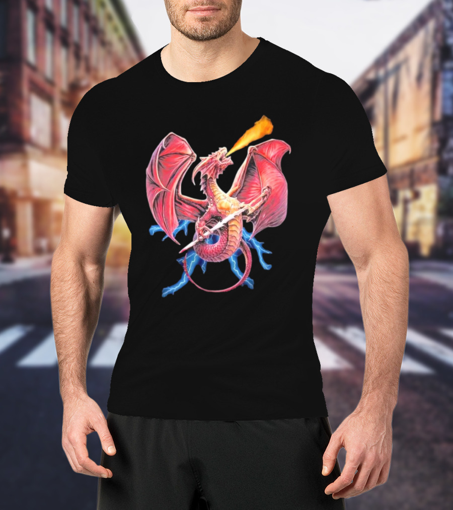 Red Dragon Breathing Fire Holding Sword Flying With Lightning In Background T-Shirt