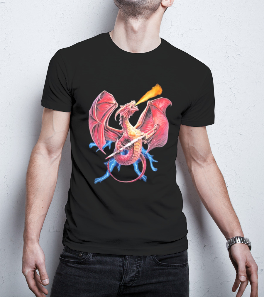 Red Dragon Breathing Fire Holding Sword Flying With Lightning In Background T-Shirt