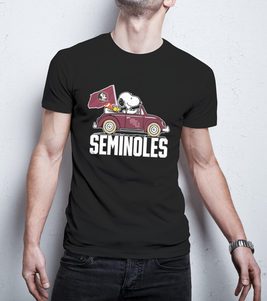 Snoopy And Woodstock In Seminoles Car Florida State Flag Peanuts T-Shirt