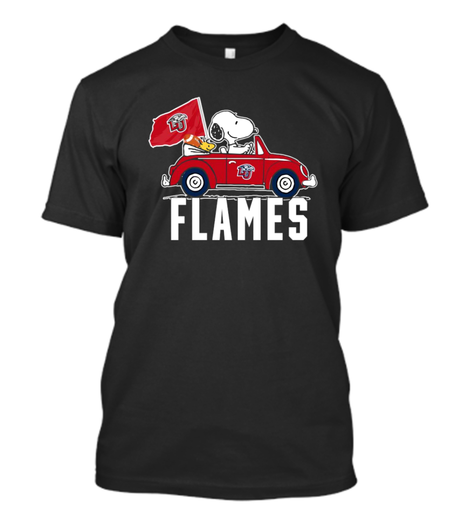 Snoopy And Woodstock Driving Liberty University Flames Car T-Shirt