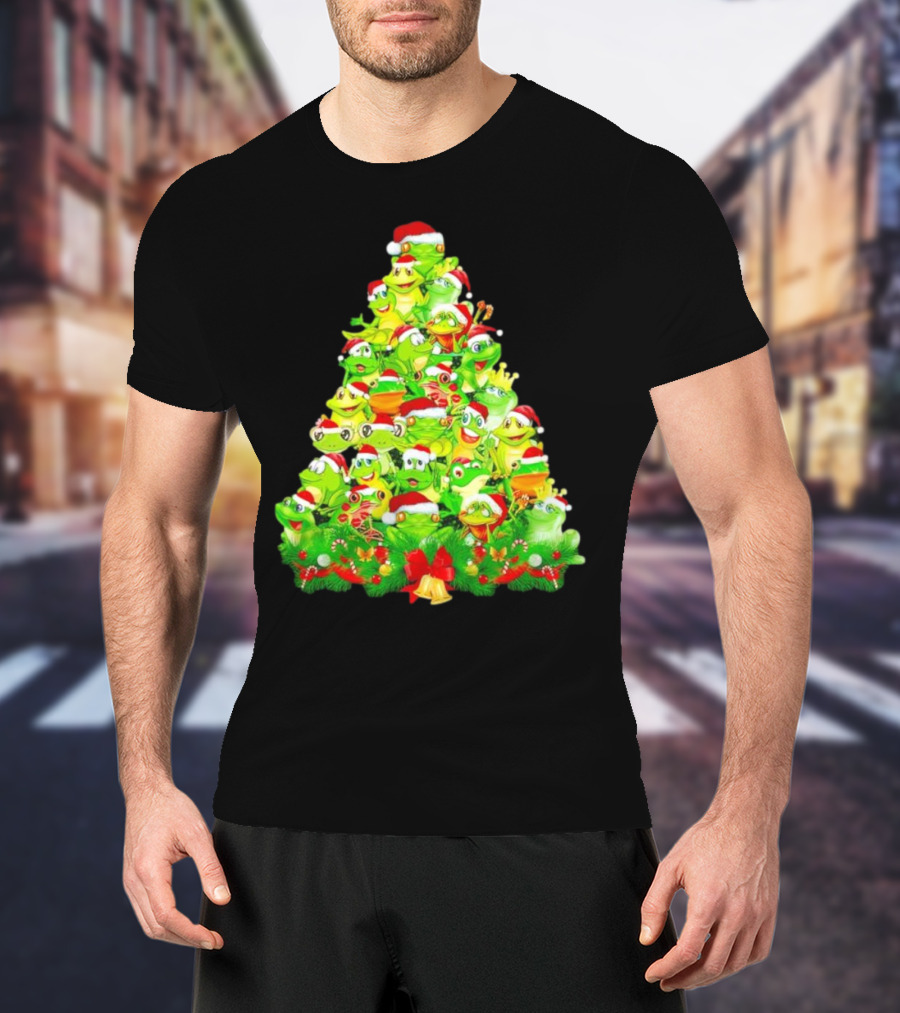 Frogs With Santa Hats Christmas Tree Holiday T-Shirt