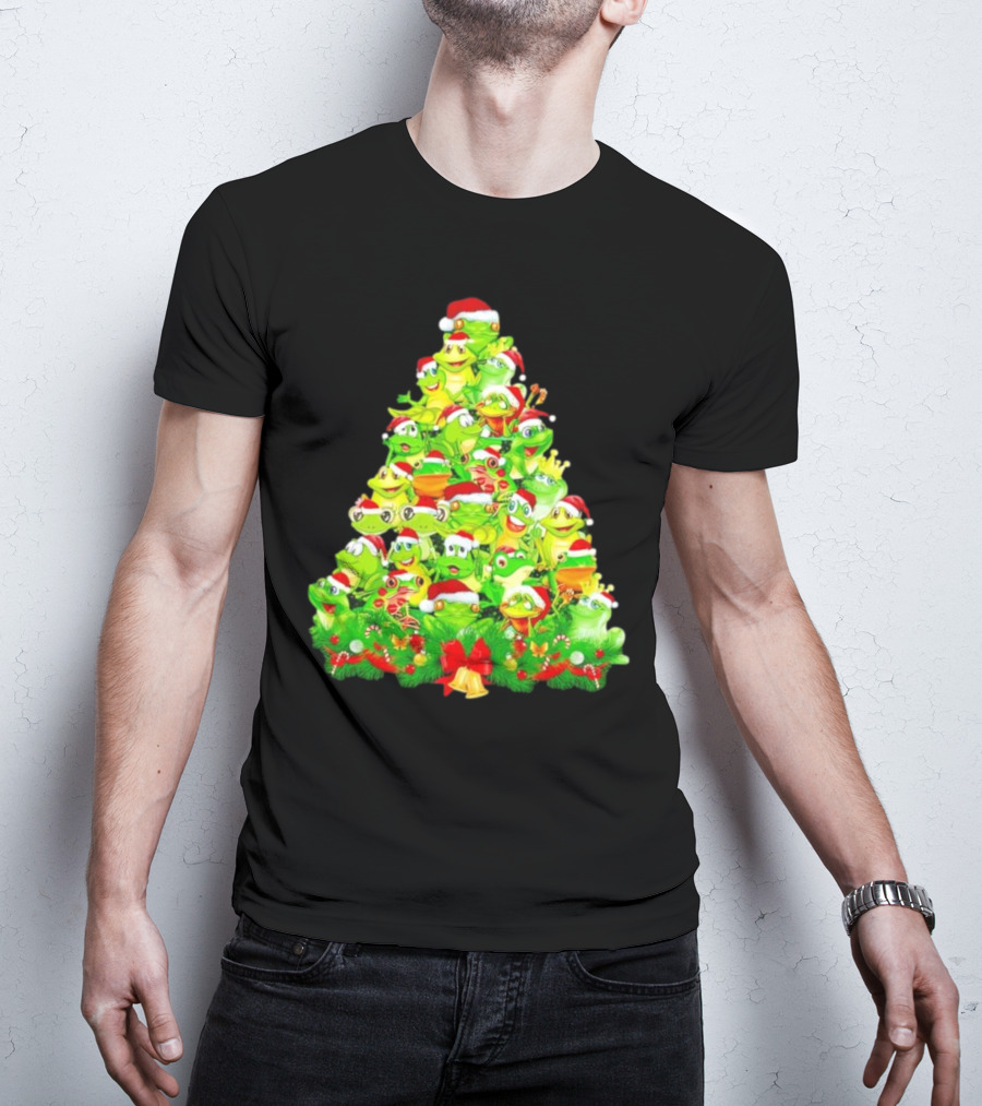Frogs With Santa Hats Christmas Tree Holiday T-Shirt