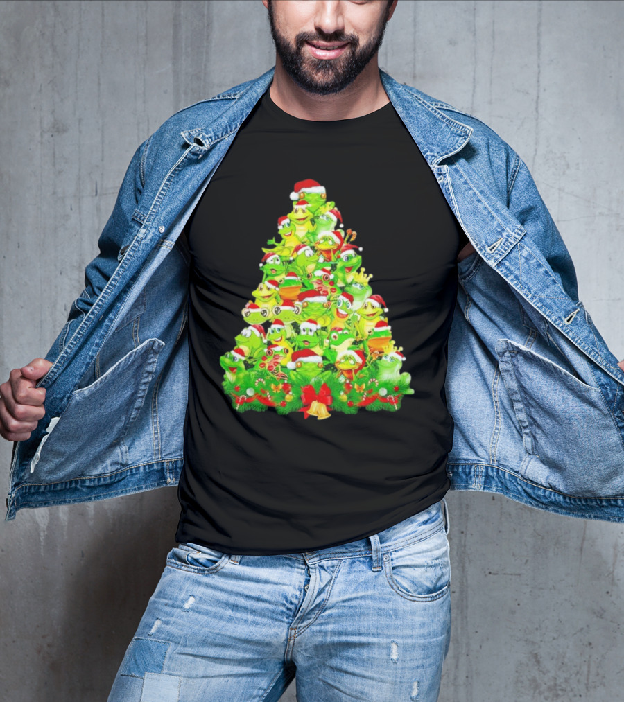 Frogs With Santa Hats Christmas Tree Holiday T-Shirt
