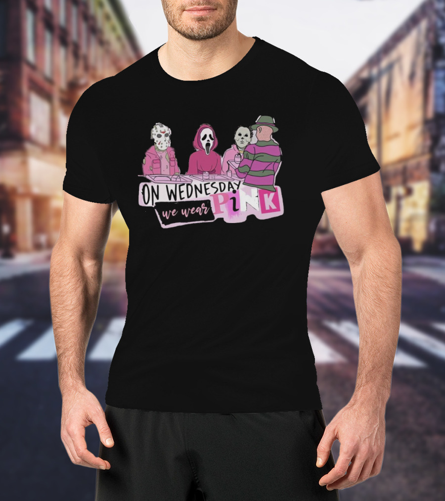 On Wednesday We Wear Pink Horror Movie Characters T-Shirt
