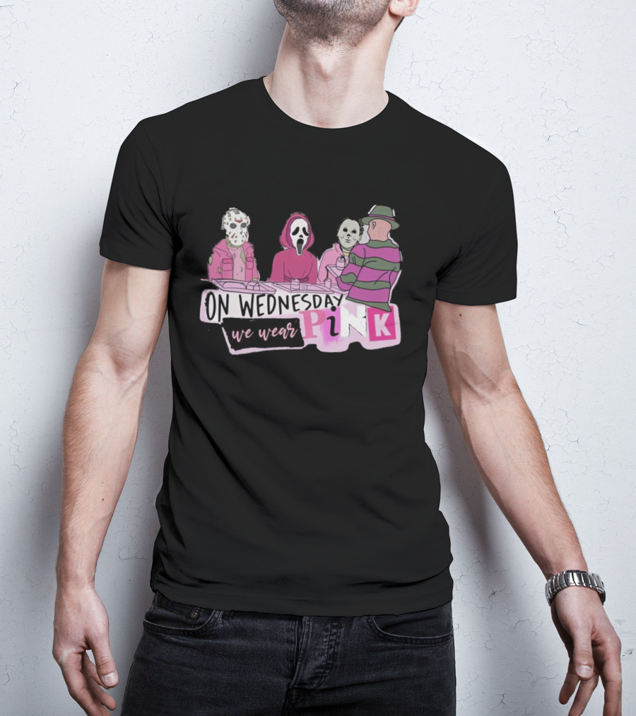 On Wednesday We Wear Pink Horror Movie Characters T-Shirt